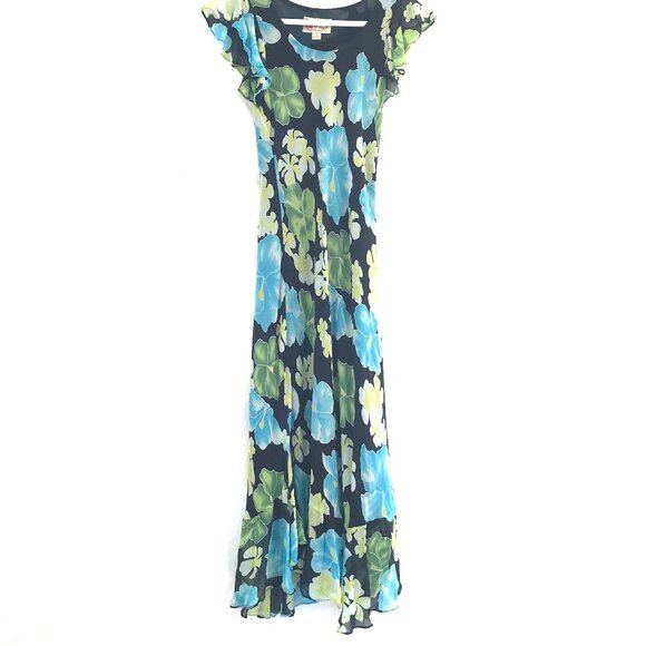 VTG Hilo Hattie Hawaiian maxi dress women S silk ruffle Hibiscus tropical island - Picture 1 of 9